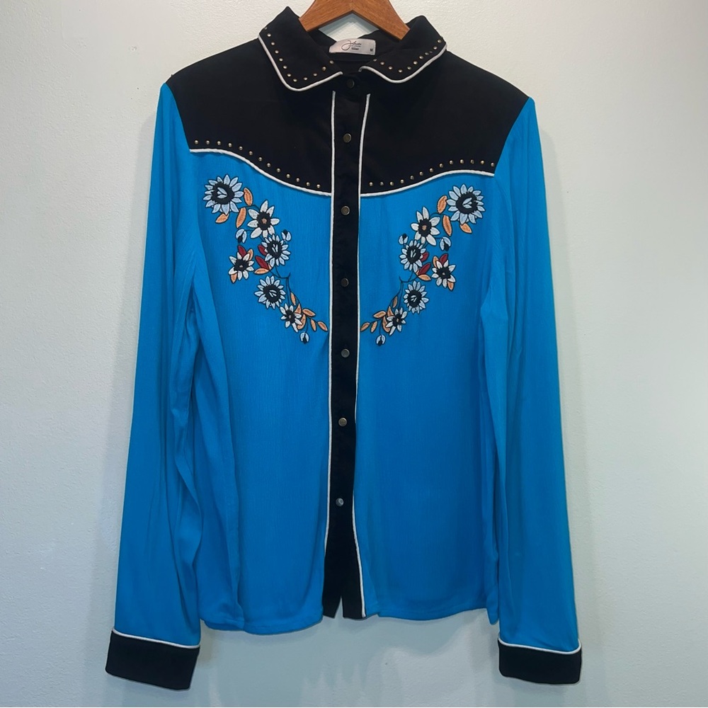 John Moon Texas Button Down Fringed Western Rodeo Shirt Blue Black M Embroidered